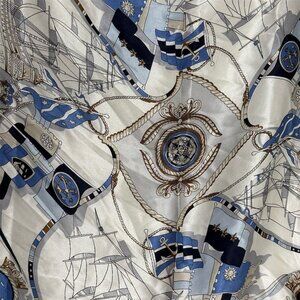 Nautical Blue Silk Scarf Geometric Maritime Ships 20” square Twilly  Designer